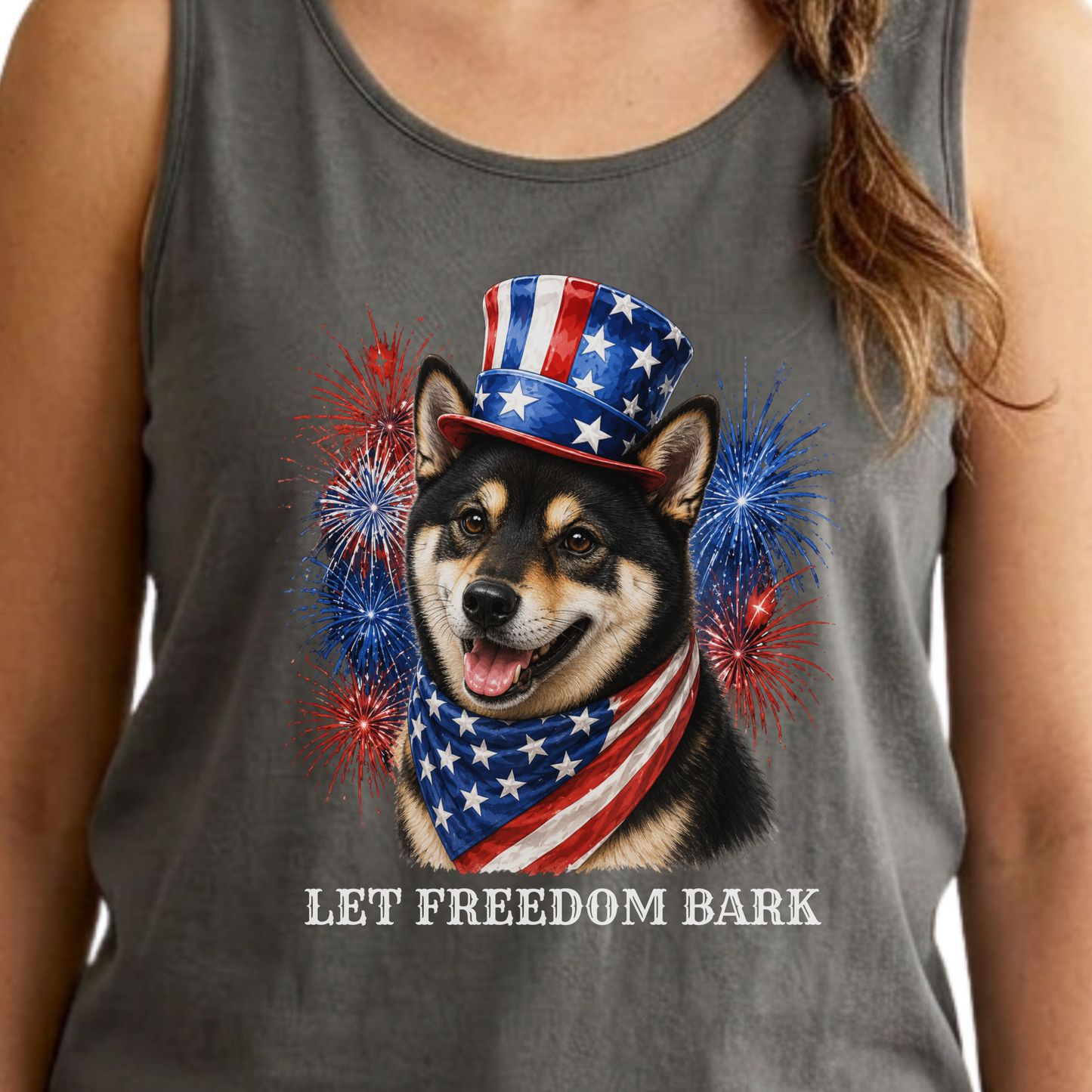 Black Shiba Inu Tank Top, Patriotic Let Freedom Bark