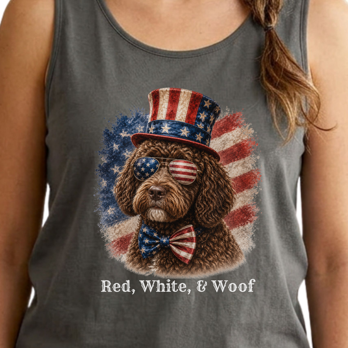 Patriotic Brown Portuguese Water Dog Tank Top, Red White & Woof