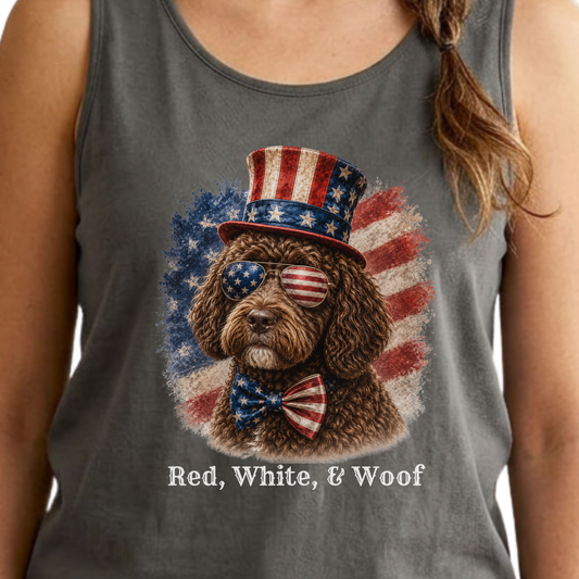 Patriotic Brown Portuguese Water Dog Tank Top, Red White & Woof