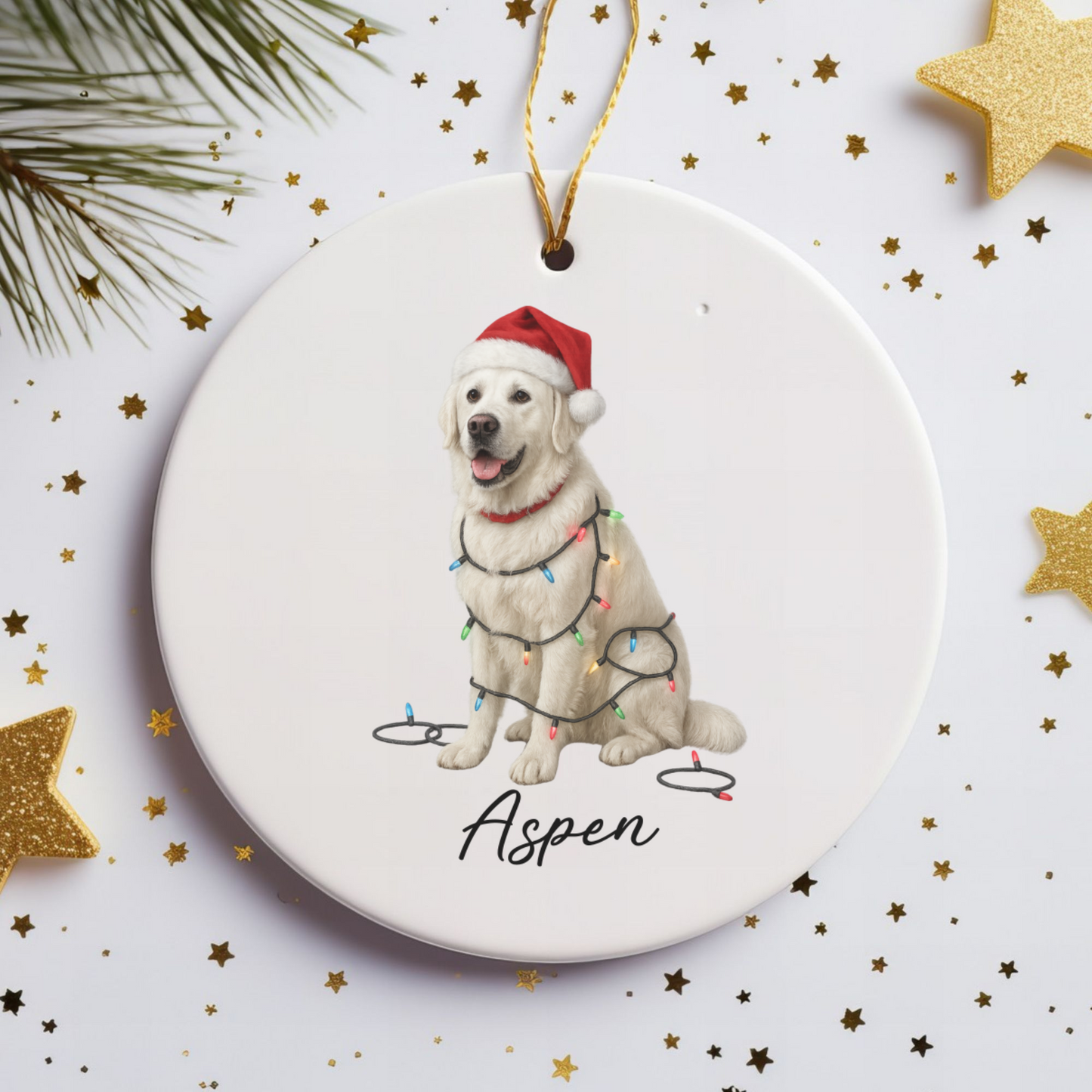 Personalized English Cream Golden Retriever Christmas Lights Ornament