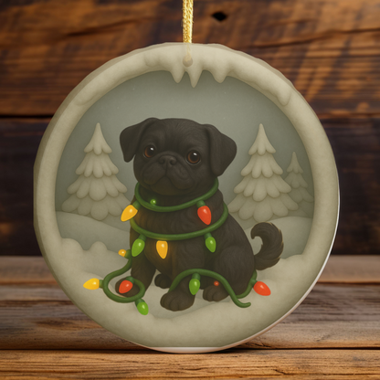 Personalized Black Pug Christmas Ornament, 3D Clay-Style Dog Keepsake with Lights