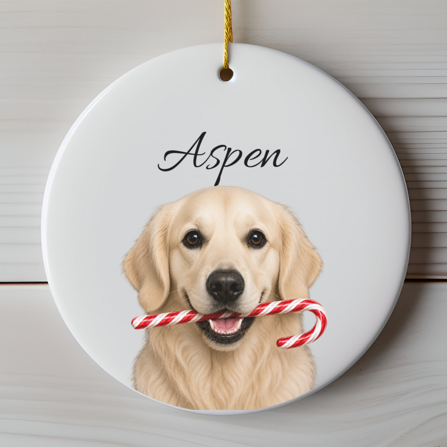 Personalized English Cream Golden Retriever Candy Cane Ornament