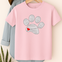Load image into Gallery viewer, Sketched Paw Print Heart T-Shirt – Minimalist Dog Lover Tee with Cute Red Heart Design
