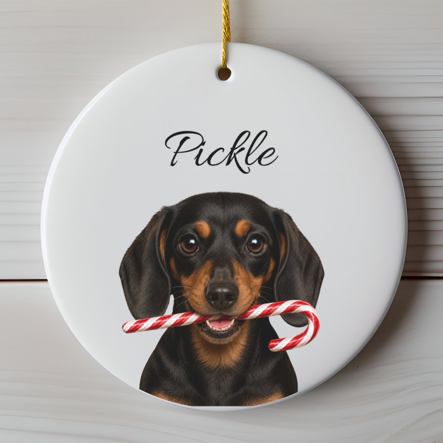 Personalized Black and Tan Dachshund Candy Cane Ornament