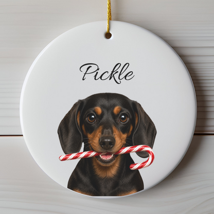 Personalized Black and Tan Dachshund Candy Cane Ornament