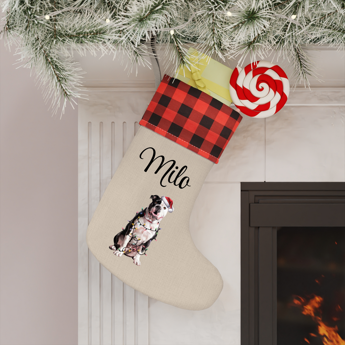 Personalized American Bulldog Christmas Stocking, Pet Holiday Decor, Rustic Plaid Cuff Stocking