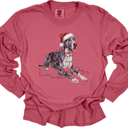 Great Dane Christmas Lights Long Sleeve Shirt, Dog Lover Holiday Top