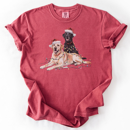 Christmas Labs Shirt, Cute Black and Yellow Labrador Retriever in Santa Hats & Lights, Holiday Dog Lover Gift, Funny Christmas Dog Tee