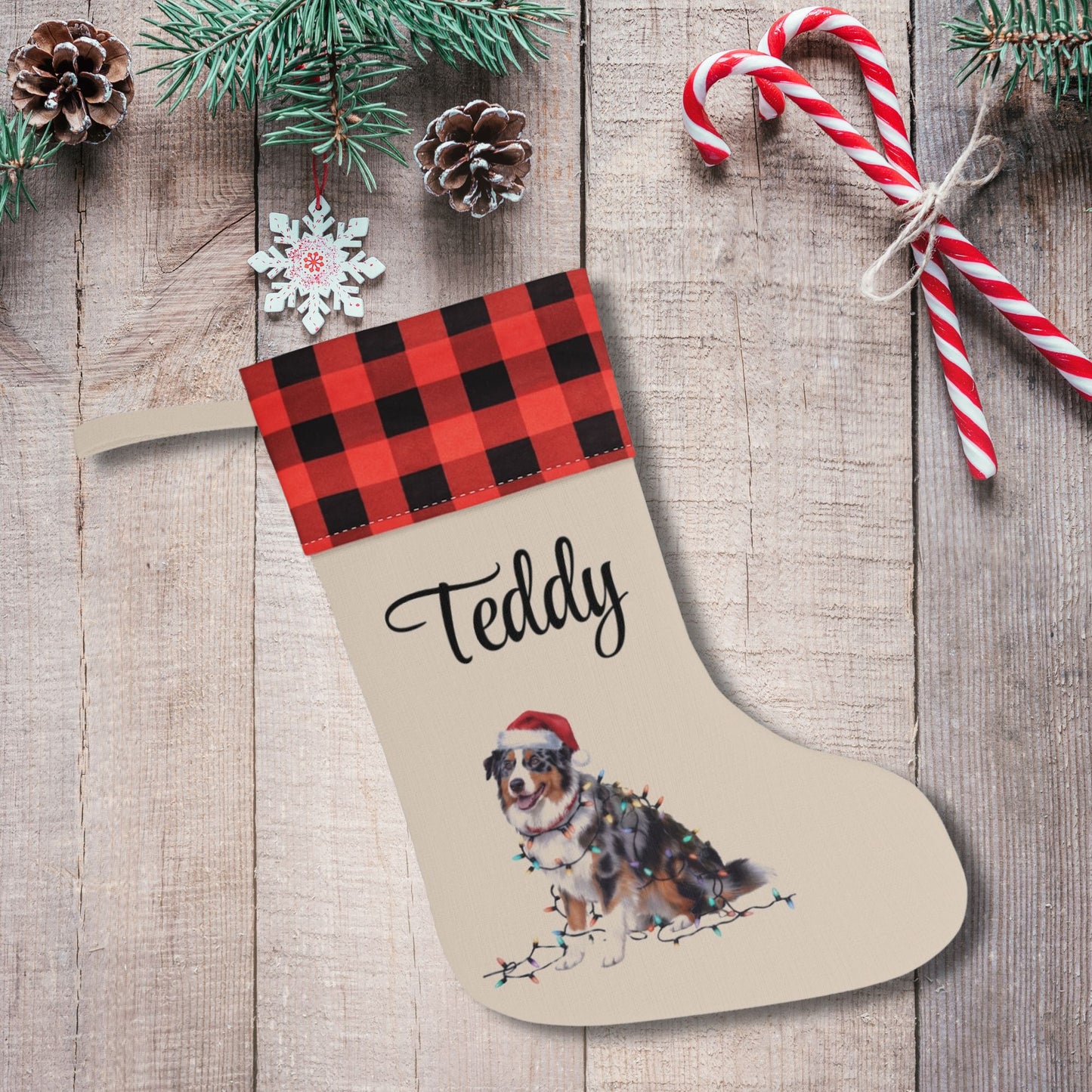 Personalized Christmas Australian Shepherd Stocking, Xmas Decor, Plaid Cuff Holiday Stocking