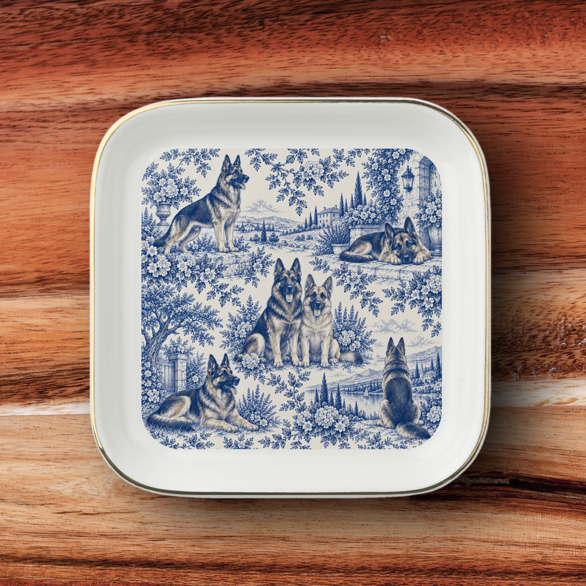 German Shepherd Jewelry Dish, Blue Toile Dog Ring Dish, Shepherd Lover Gift, Trinket Tray