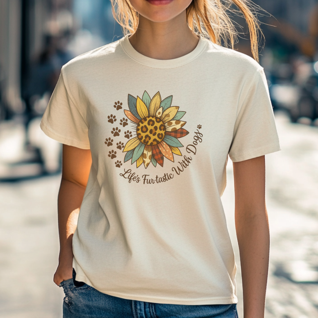 Life’s Furtastic With Dogs T-Shirt – Sunflower & Paw Print Tee for Dog Moms and Pet Lovers