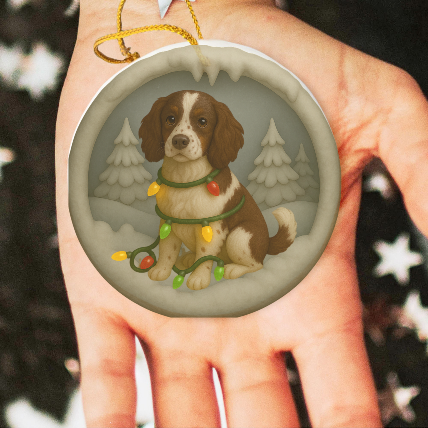 Personalized Springer Spaniel Christmas Ornament, 3D Clay-Style Dog Keepsake with Lights