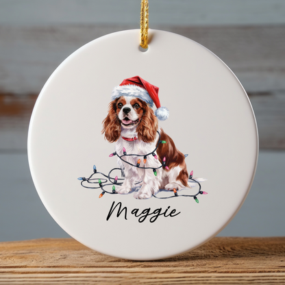 Personalized Blenheim Cavalier King Charles Spaniel Christmas Ornament, Tangled Lights Ceramic Keepsake