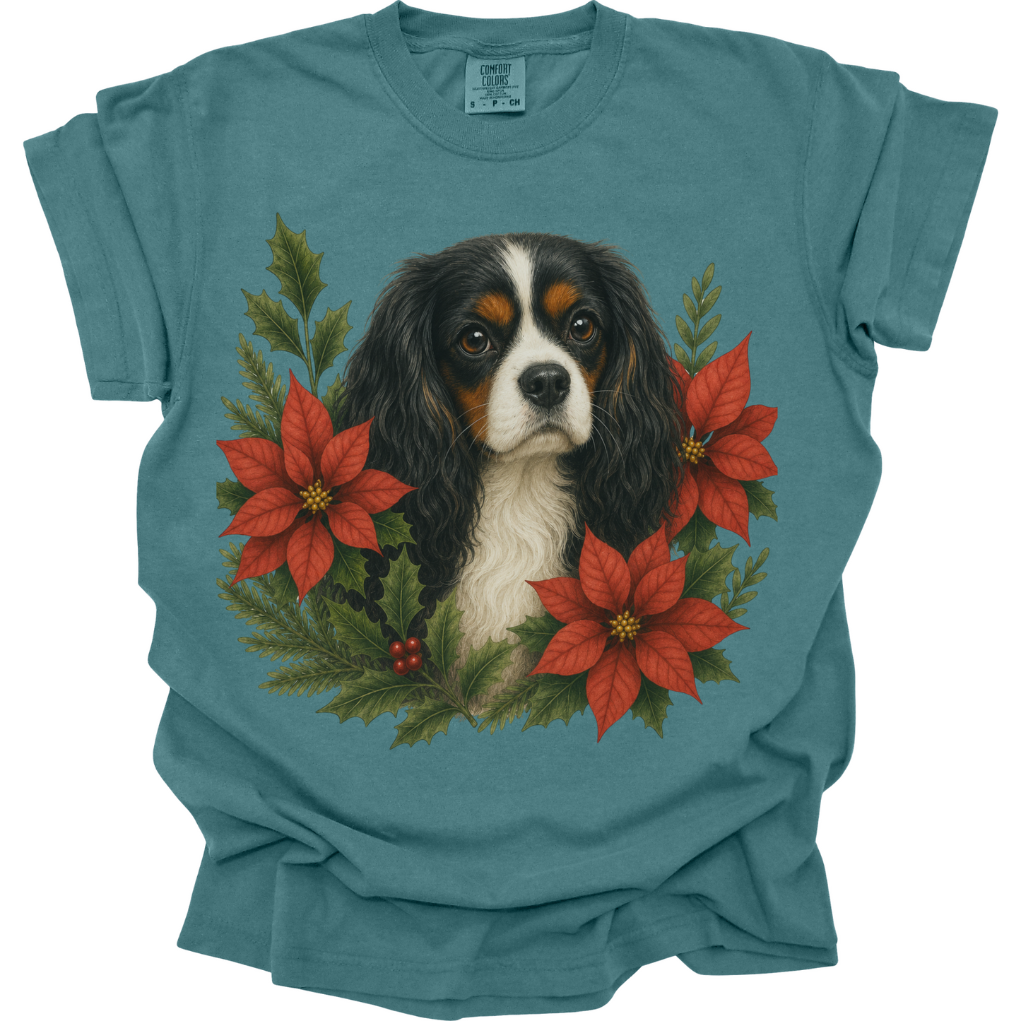Tricolor Cavalier Christmas Shirt, Poinsettia Dog Mom Holiday Tee