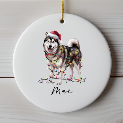 Personalized Alaskan Malamute Christmas Ornament, Dog Name Decor, Ceramic Pet Gift