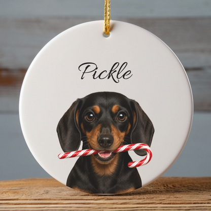 Personalized Black and Tan Dachshund Candy Cane Ornament