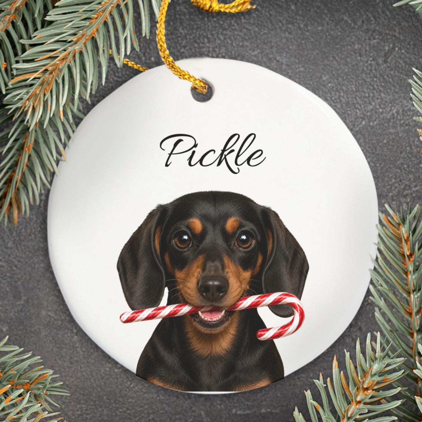 Personalized Black and Tan Dachshund Candy Cane Ornament