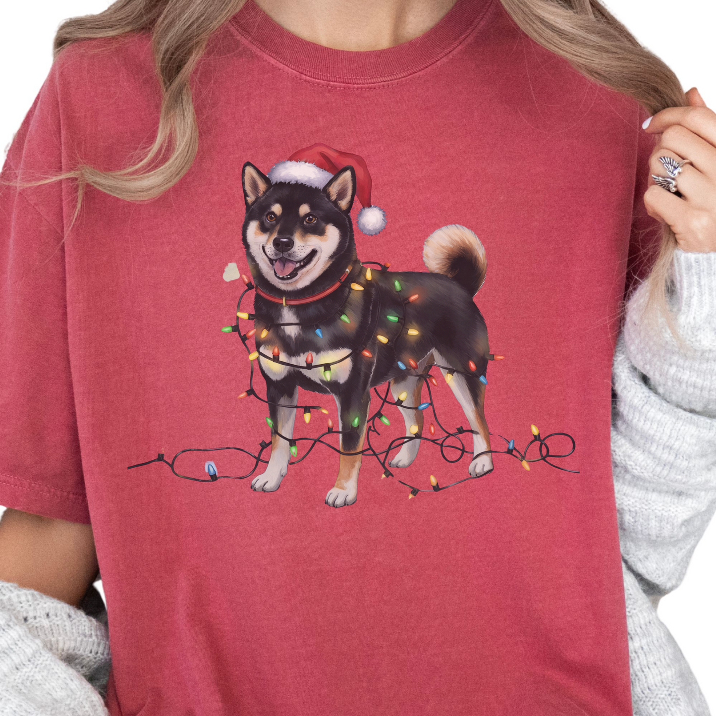 Black Shiba Inu Christmas Lights Shirt, Festive Holiday Tee for Shiba Lovers
