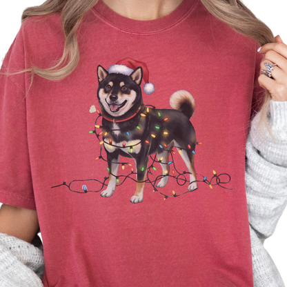 Black Shiba Inu Christmas Lights Shirt, Festive Holiday Tee for Shiba Lovers