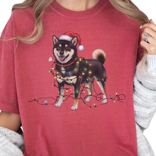 Black Shiba Inu Christmas Lights Shirt, Festive Holiday Tee for Shiba Lovers