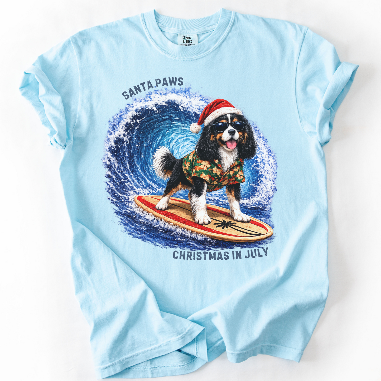 Christmas in July Gift for Tricolor Cavalier Lovers, Santa Paws Beach Shirt
