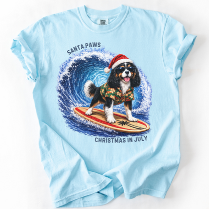 Christmas in July Gift for Tricolor Cavalier Lovers, Santa Paws Beach Shirt