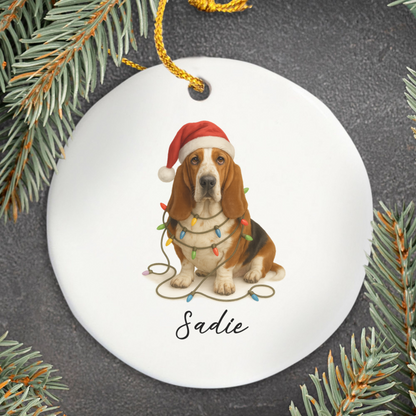 Personalized Basset Hound Christmas Ornament, Ceramic Dog Decor, Santa Hat Lights Keepsake