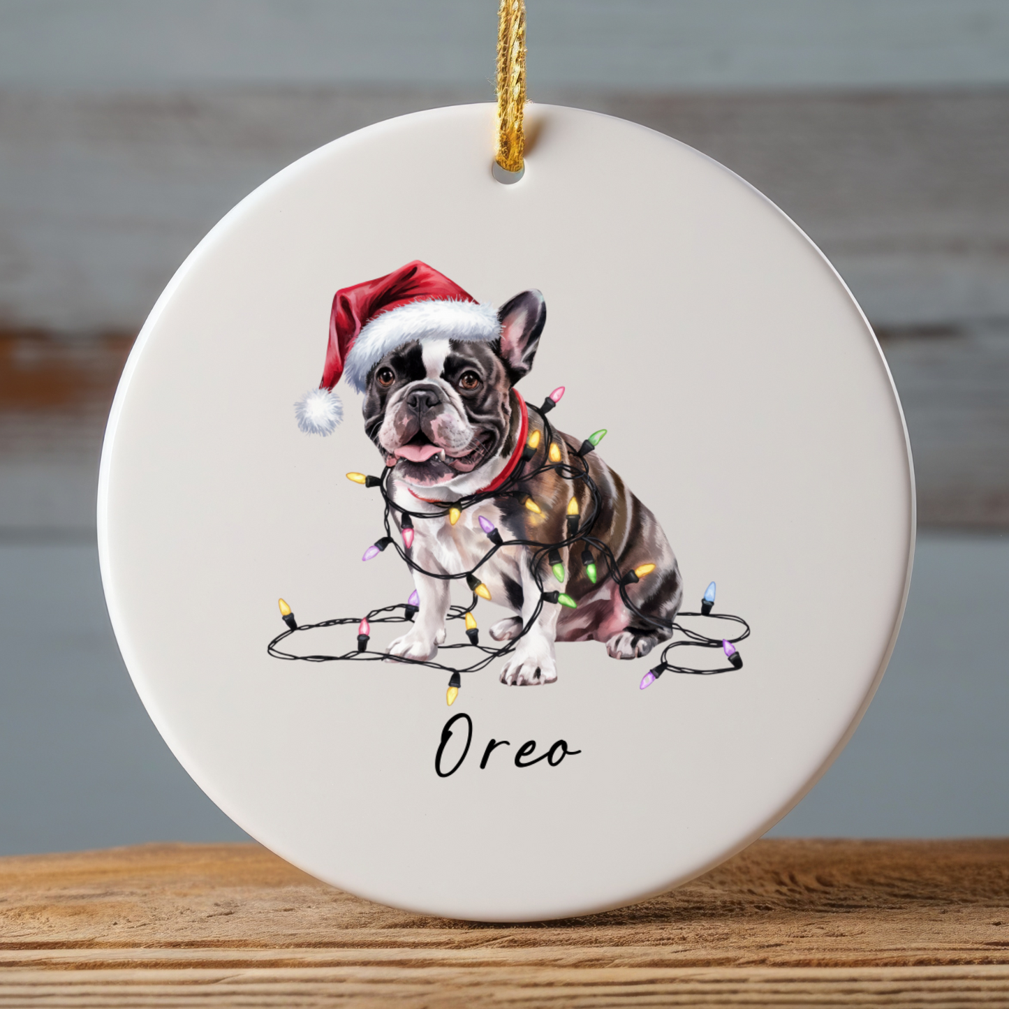 Personalized Black French Bulldog Ceramic Ornament, Dog Christmas Gift, Festive Lights Keepsake