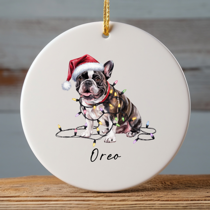 Personalized Black French Bulldog Ceramic Ornament, Dog Christmas Gift, Festive Lights Keepsake