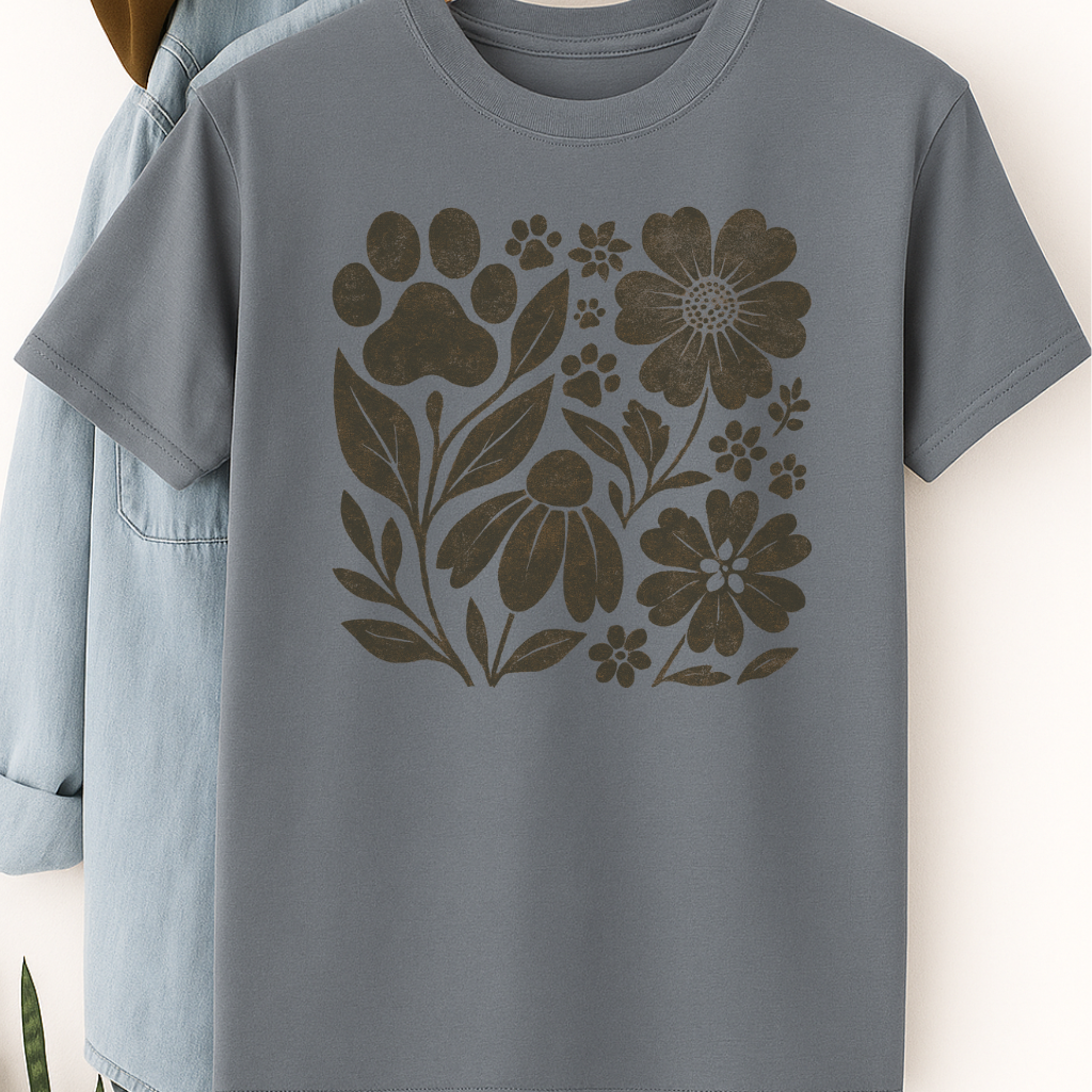 Retro Floral Paw Print Shirt Boho Dog Lover Tee Nature-Inspired Pet Mom Gift Vintage Botanical Animal T-Shirt