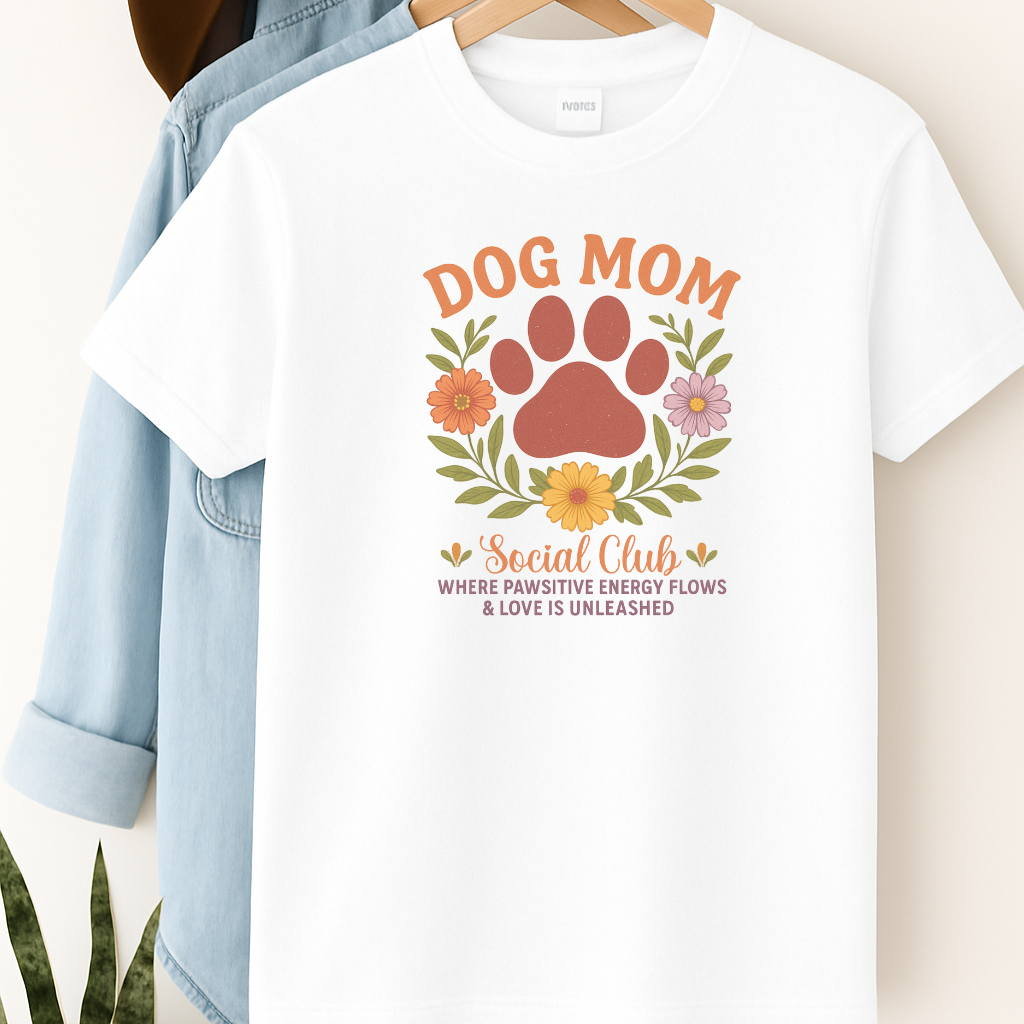 Dog Mom Social Club T-Shirt – Pawsitive Energy & Love Unleashed Floral Paw Design