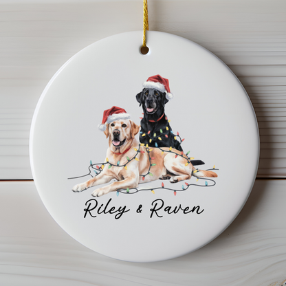 Personalized Yellow Black Lab Christmas Ornament, Festive Dog Lights, Ceramic Keepsake