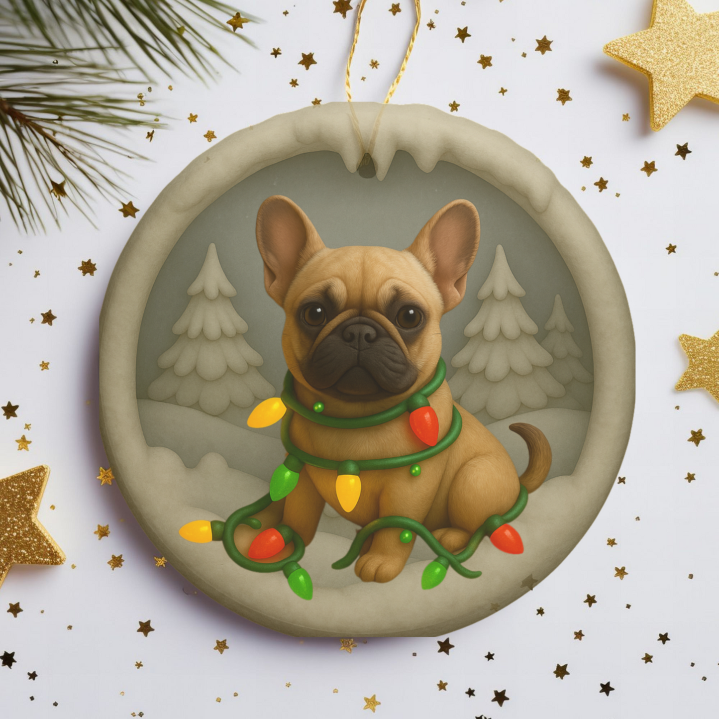 Personalized French Bulldog Christmas Ornament, Custom Frenchie with Holiday Lights Keepsake