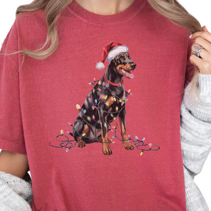 Doberman Pinscher Christmas Lights Shirt, Festive Holiday Tee for Dobie Lovers