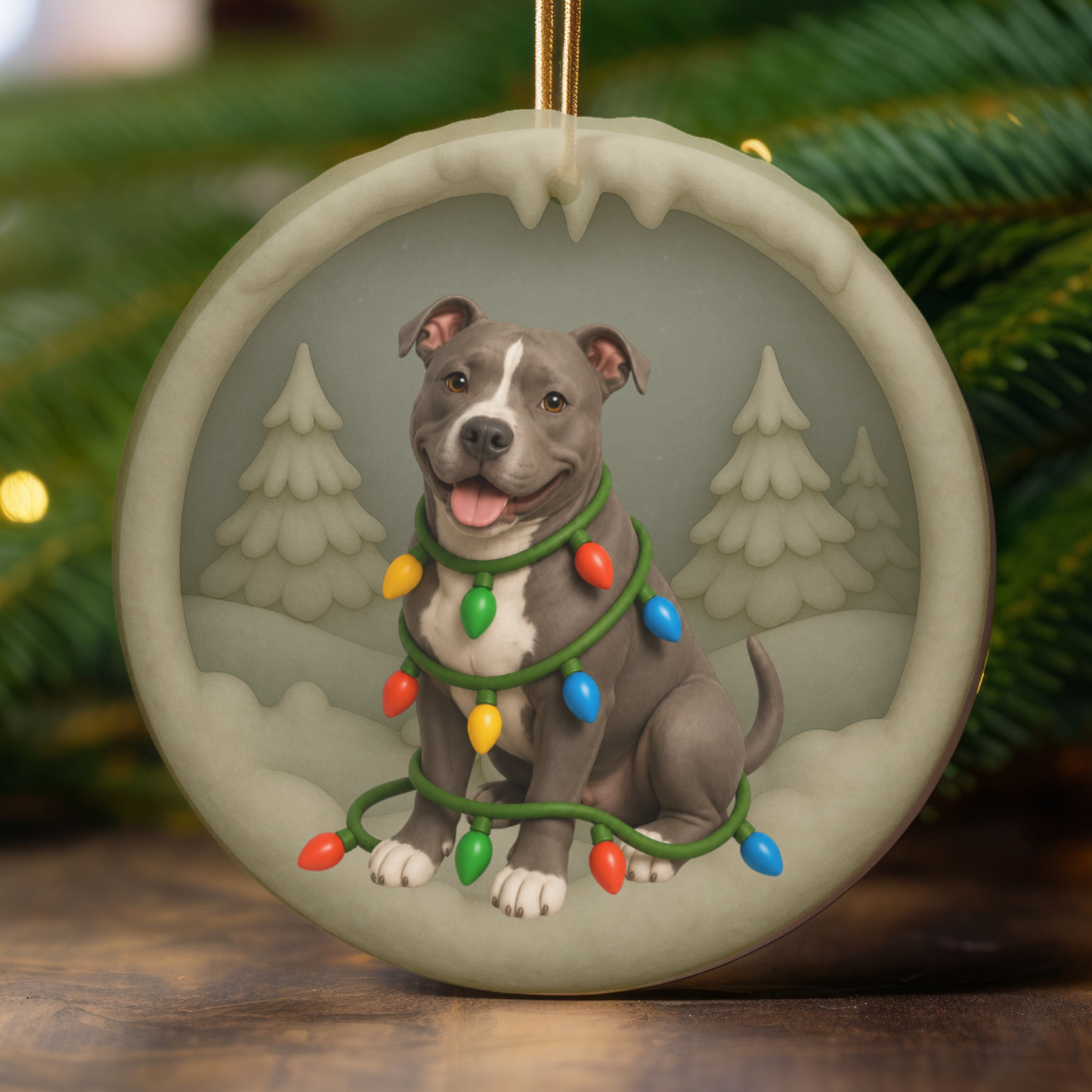 Pitbull Christmas Ornament, Personalized Pitbull Puppy with Holiday Lights, Custom Dog Lover Gift, Tree Decoration