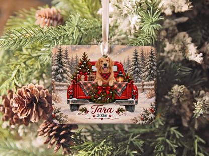 Personalized Golden Retriever Red Truck Ornament