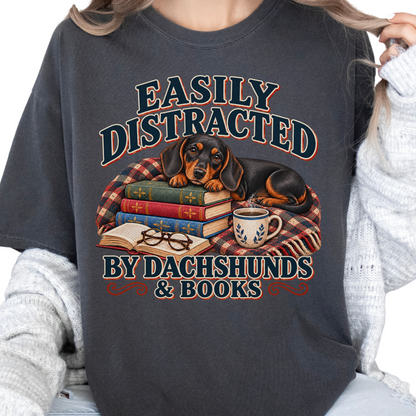 Black Tan Dachshund Shirt, Easily Distracted by Dachshunds and Books, Doxie Book Lover Tee