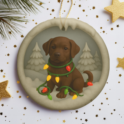 Personalized Chocolate Lab Christmas Ornament, Custom Labrador Retriever with Holiday Lights Keepsake