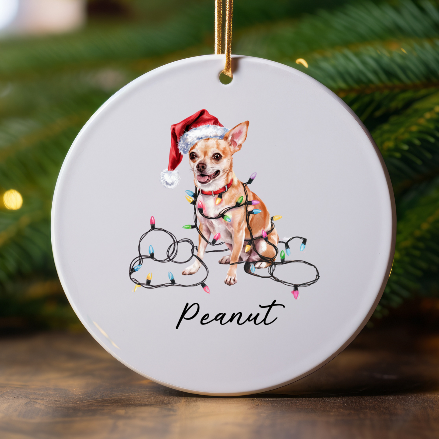 Personalized Tan Chihuahua Christmas Ornament, Custom Dog Name Holiday Keepsake, Ceramic Decor