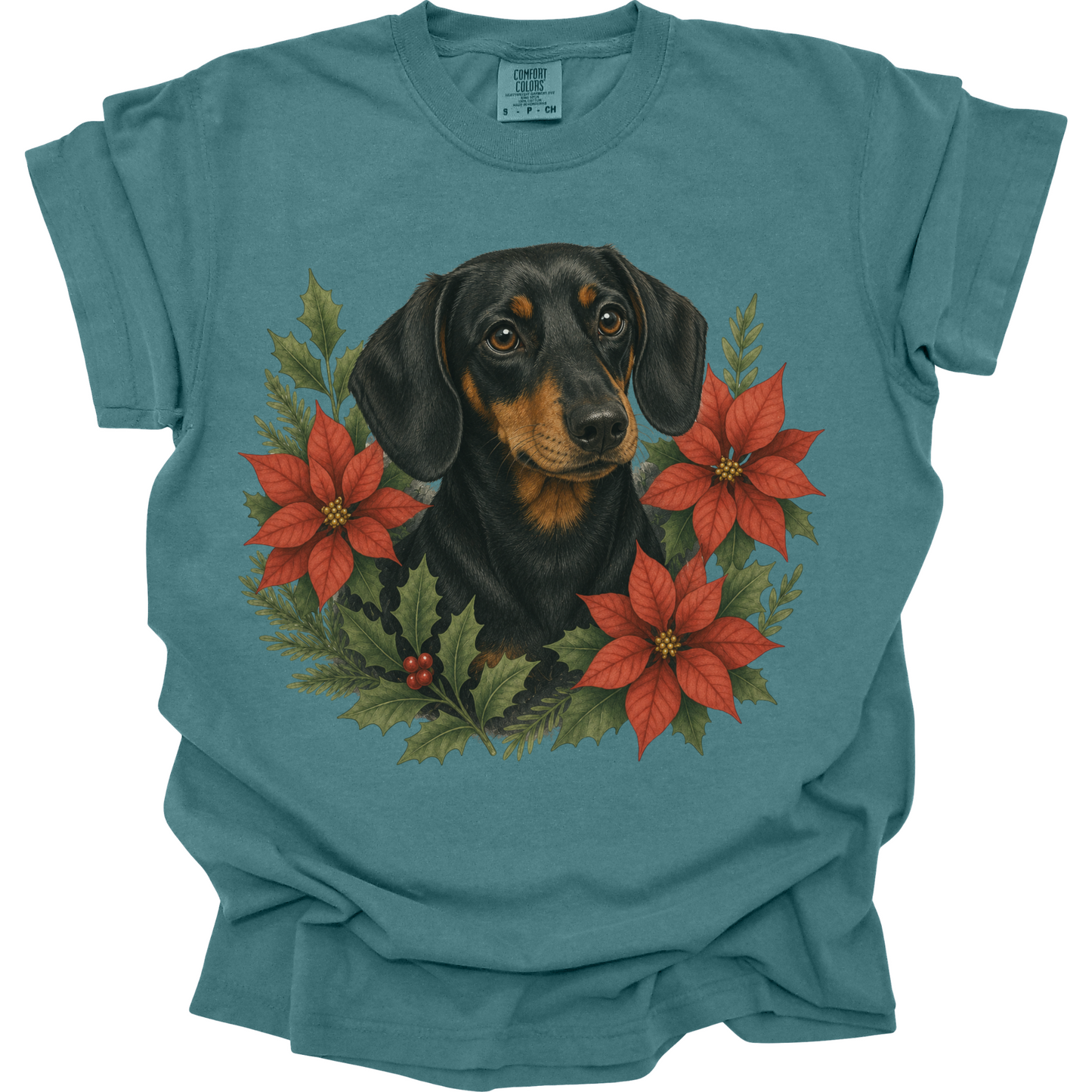 Black and Tan Dachshund Christmas Shirt, Poinsettia Dog Mom Holiday Tee