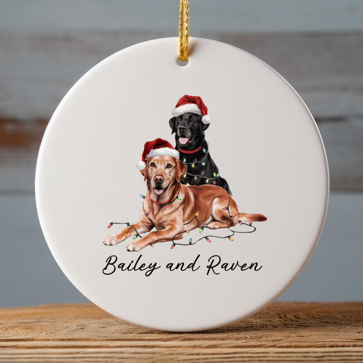 Personalized Red Fox and Black Labrador Christmas Lights Ornament