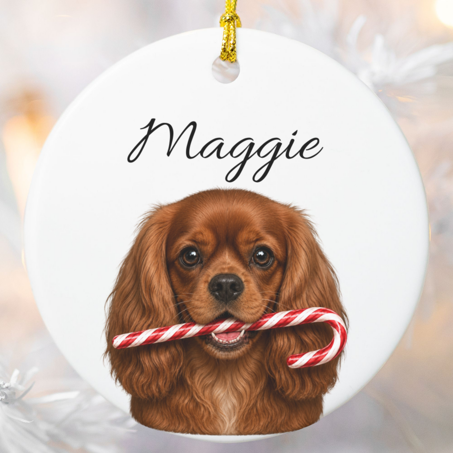 Personalized Ruby Cavalier Candy Cane Ornament