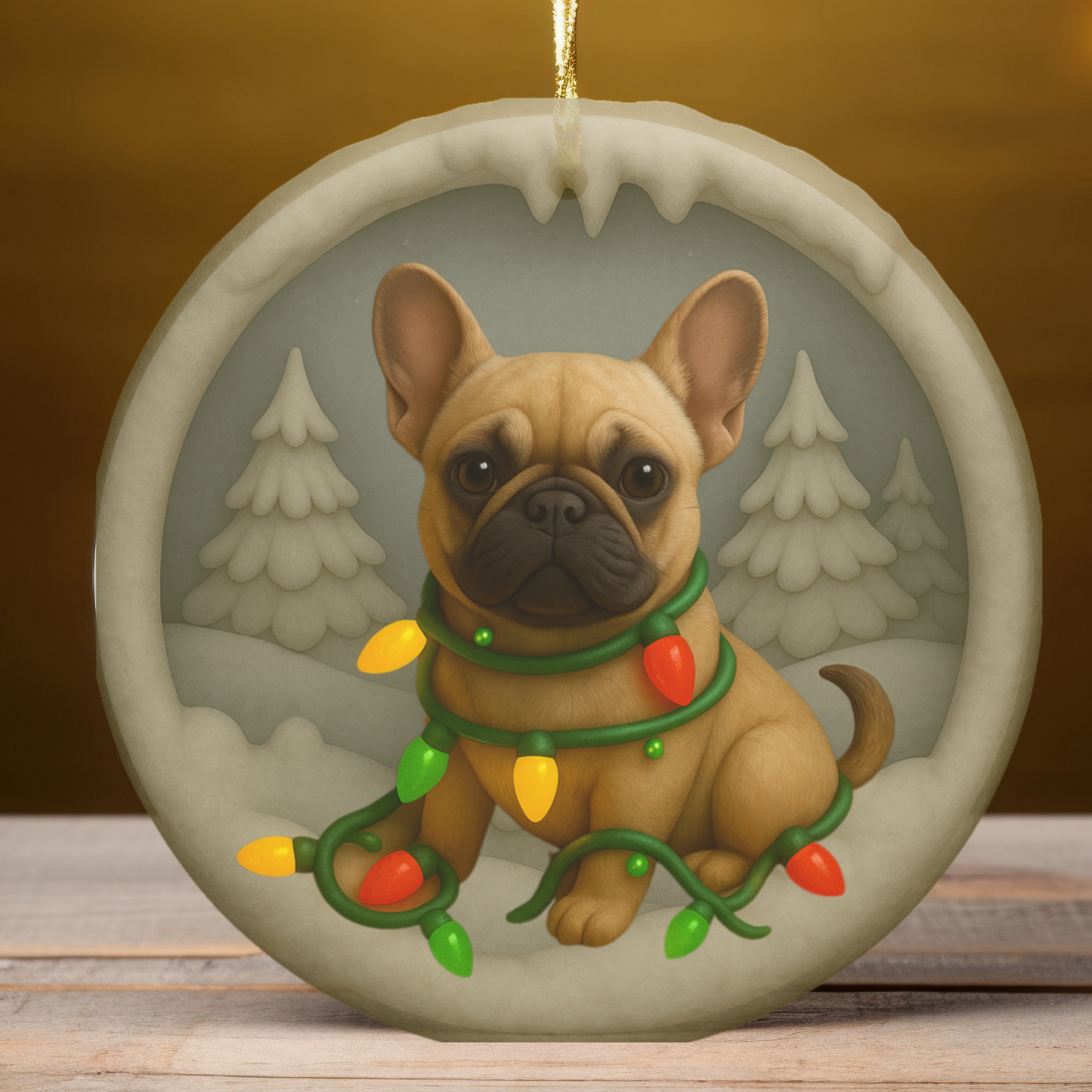 Personalized French Bulldog Christmas Ornament, Custom Frenchie with Holiday Lights Keepsake