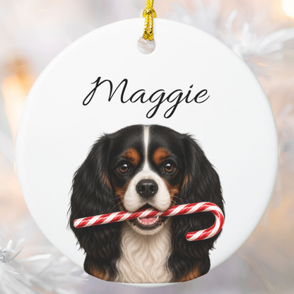 Personalized Tricolor Cavalier Candy Cane Ornament