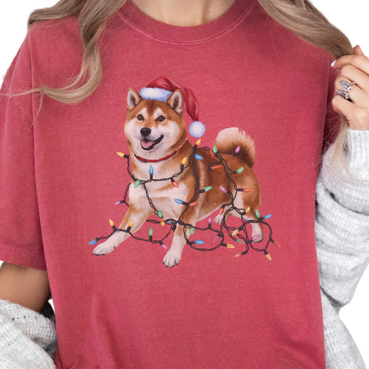 Red Shiba Inu Christmas Lights Shirt, Festive Holiday Tee for Shiba Fans