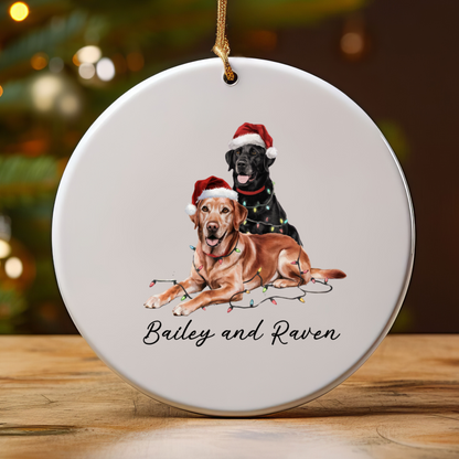 Personalized Red Fox and Black Labrador Christmas Lights Ornament