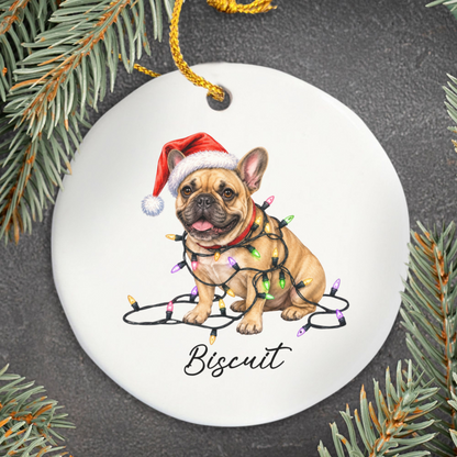 Personalized Fawn French Bulldog Ceramic Ornament, Dog Christmas Gift, Festive Lights Keepsake