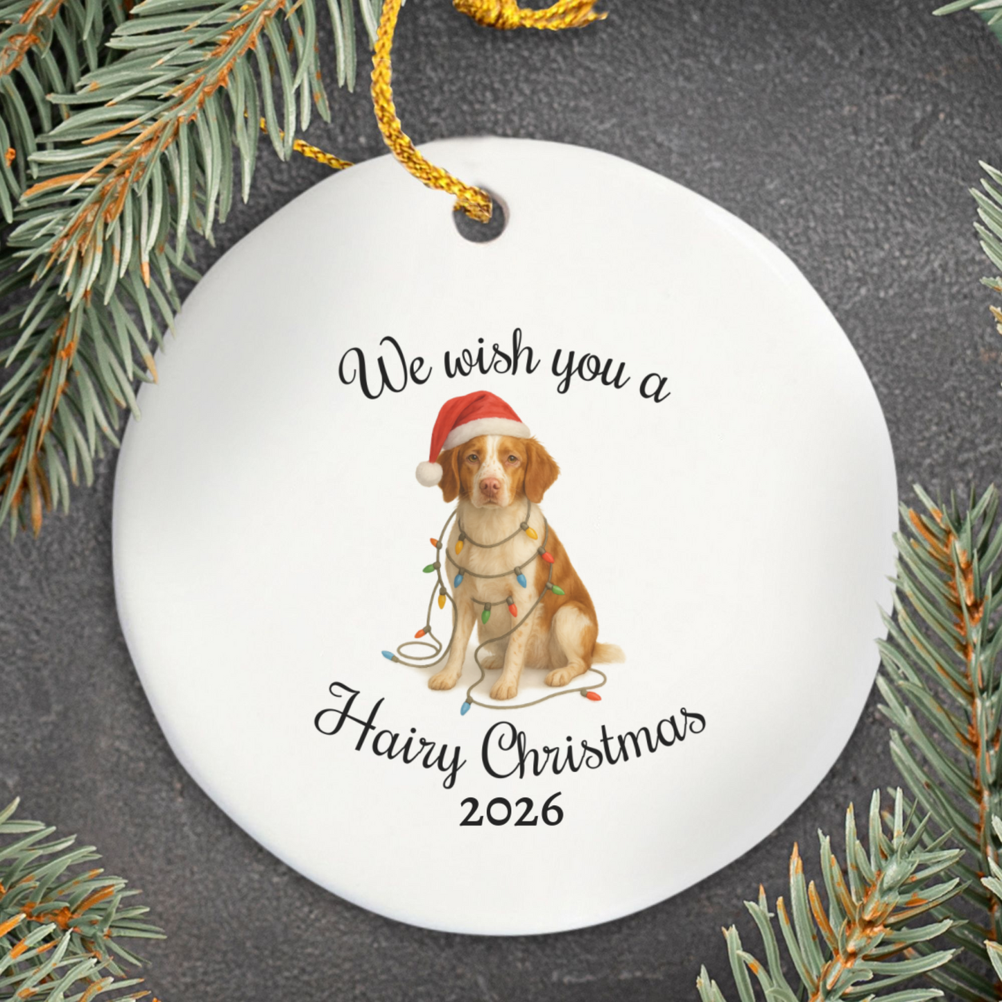 Brittany Spaniel Ornament, Personalized Dog Holiday Keepsake, Ceramic Christmas Decoration, Custom Date, Pet Lover Gift