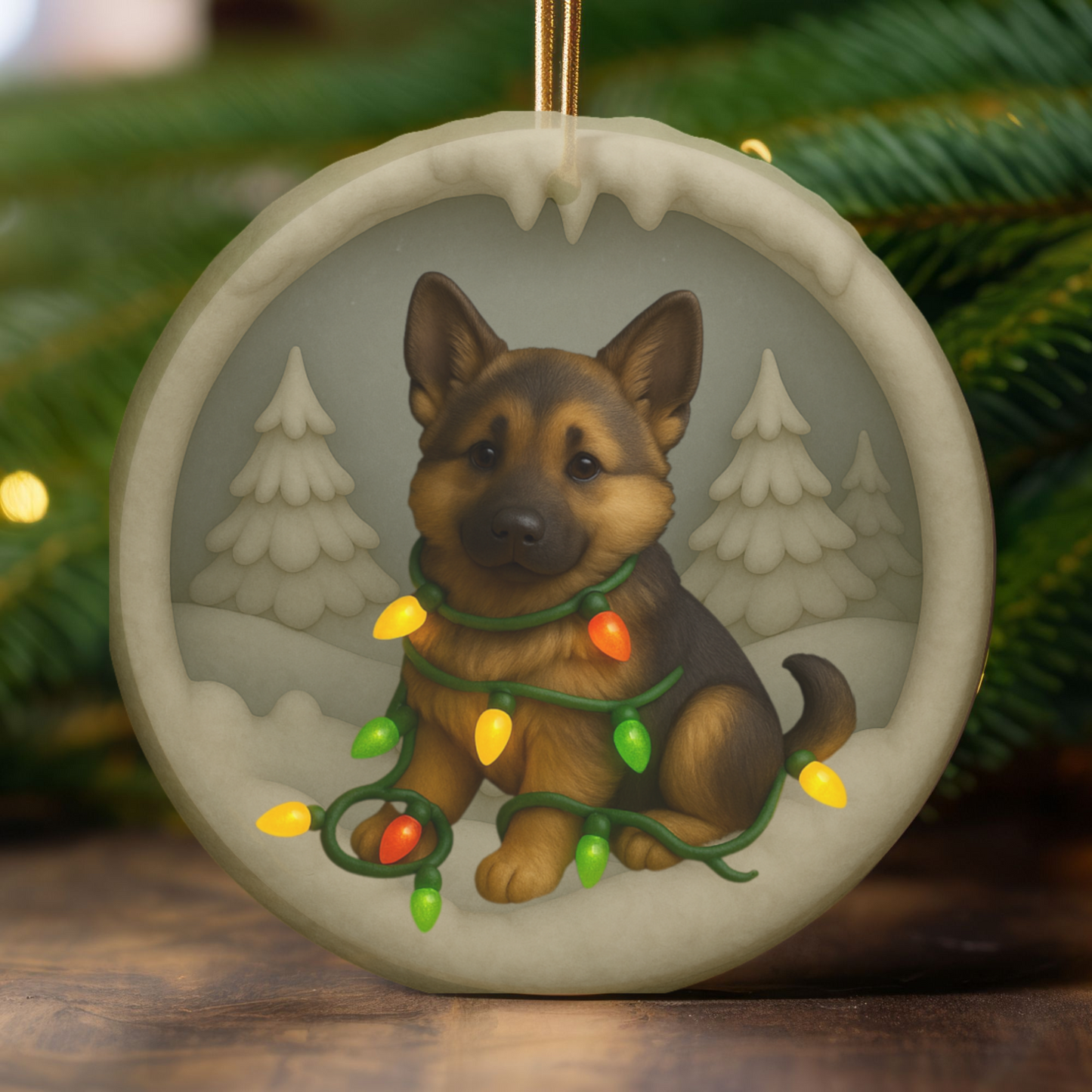 Personalized German Shepherd Christmas Ornament, 3D Clay-Style Dog Keepsake with Lights