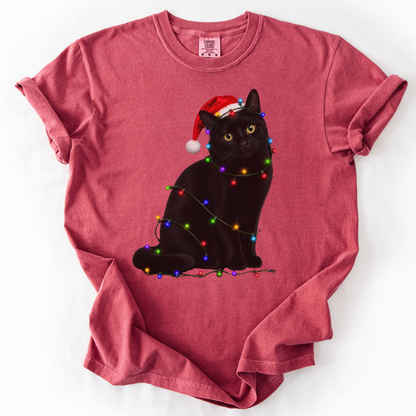 Black Cat Christmas Lights Shirt, Comfort Colors Holiday Cat Lover Tee